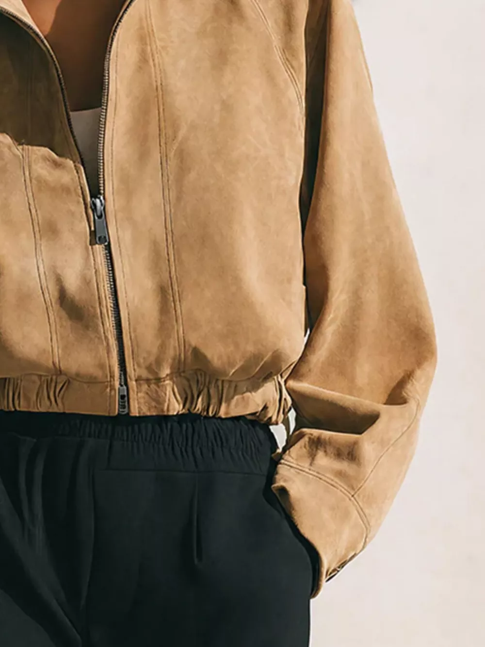 Suede Zip-Up Stand Collar Cropped Jacket, image 3