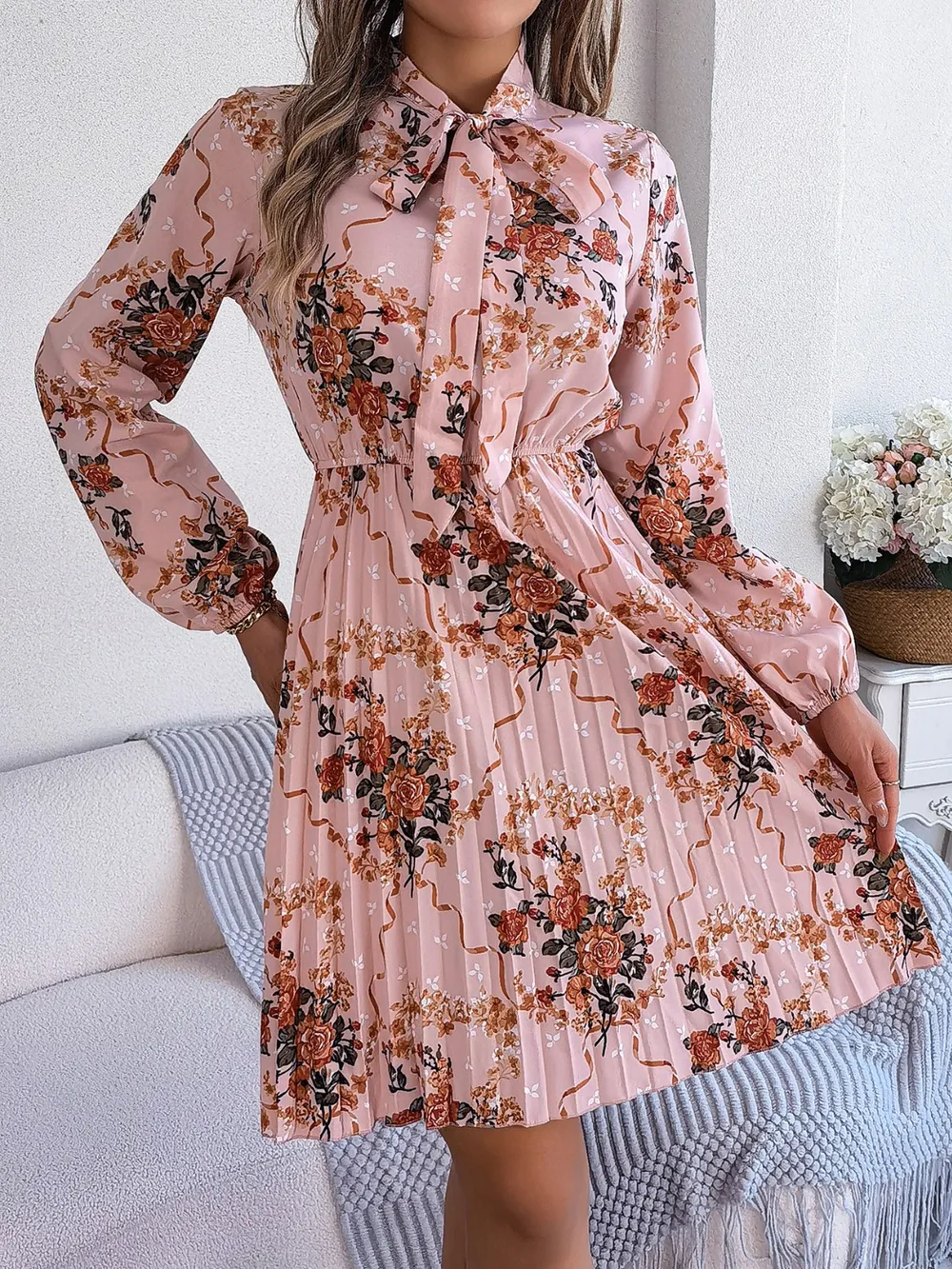 Pleated Printed Tie Neck Long Sleeve Dress, image 6