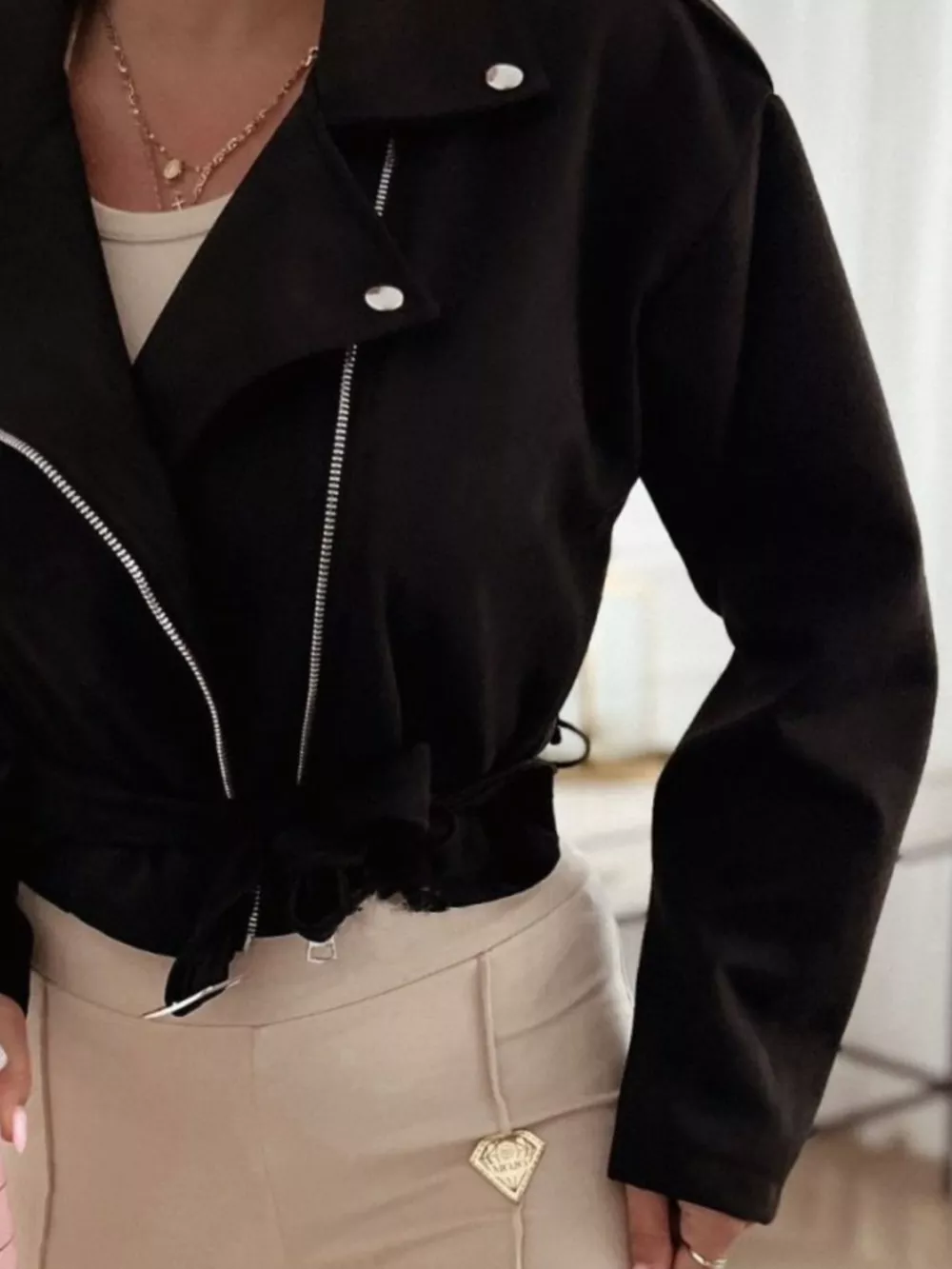 Cropped Biker Jacket with Belt Detail, image 3