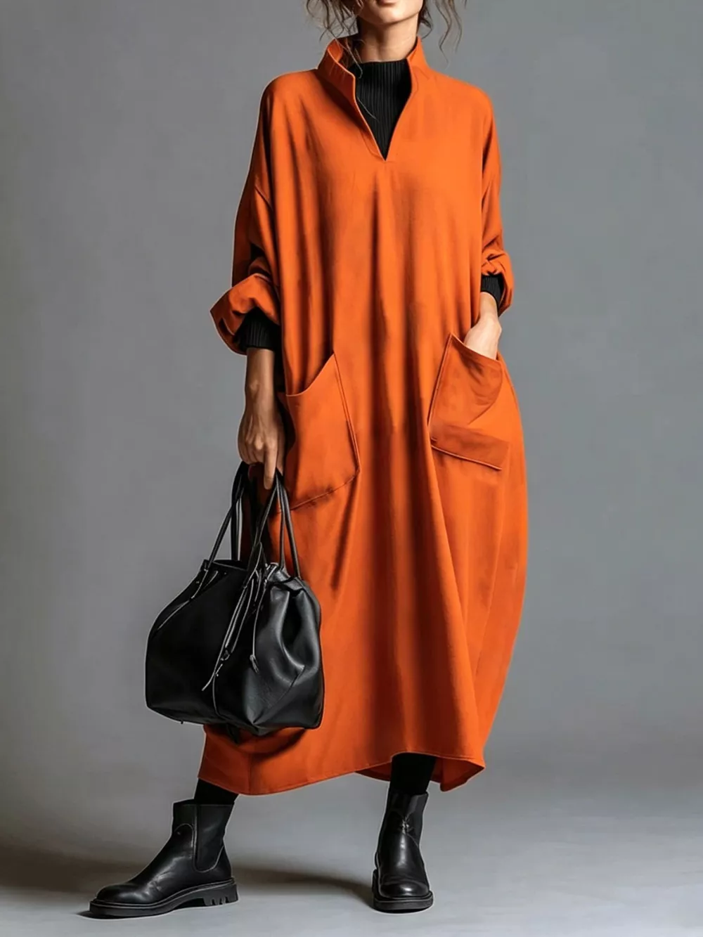 Full Size Loose-Fit Mock Neck Midi Dress with Pockets Plus Size, image 6