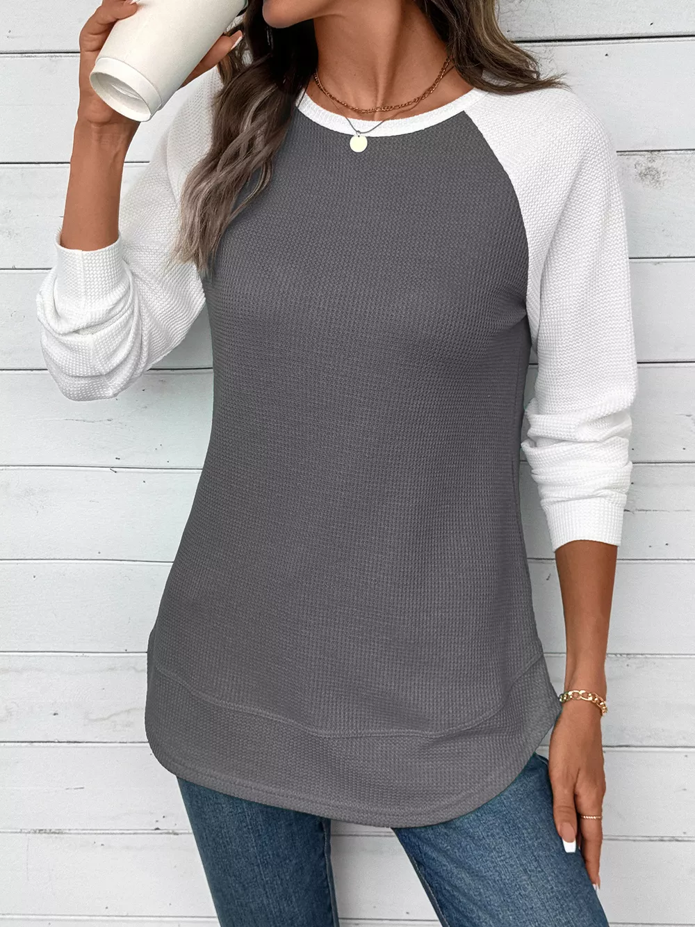 Contrast Raglan Sleeve Waffle Knit T-Shirt, image 10