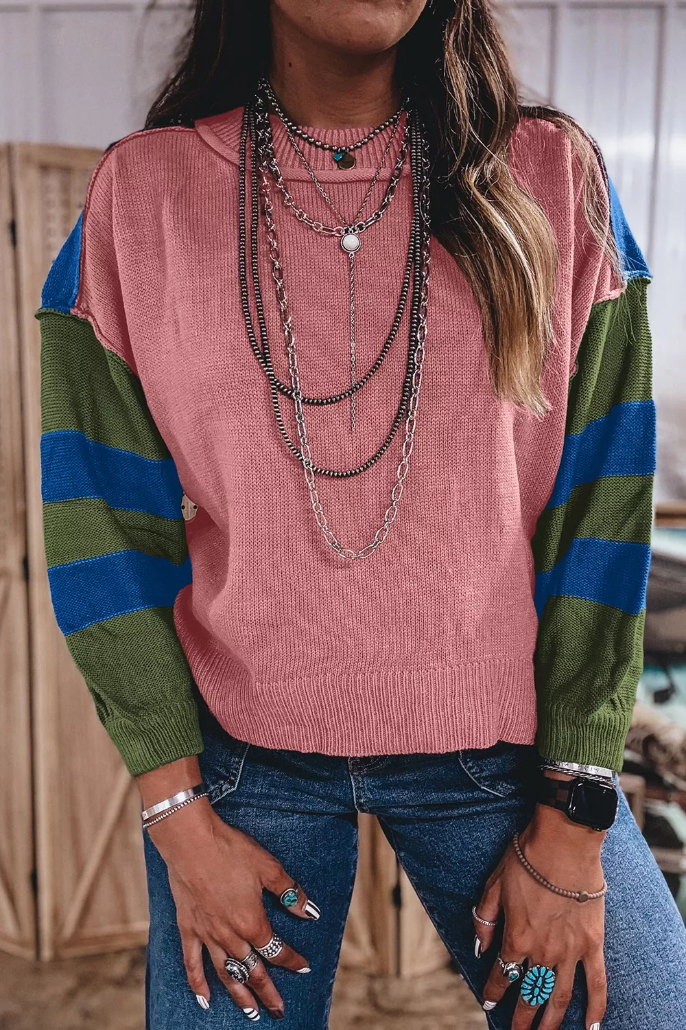 Multicolour Western Colorblock Patchwork Striped Long Sleeve Sweater, image 2