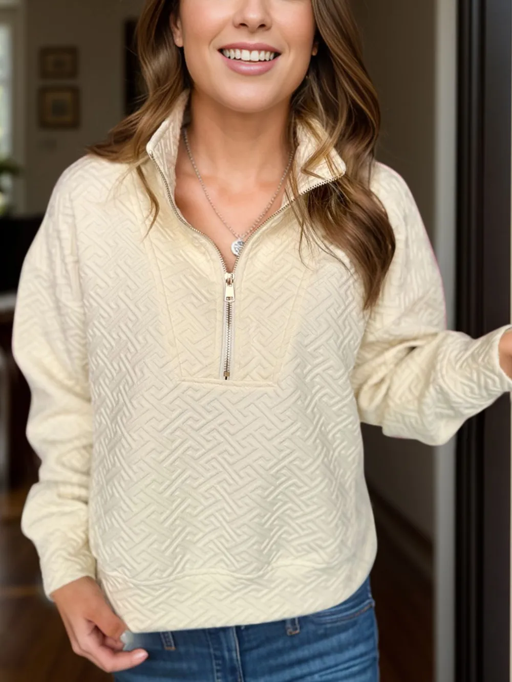 Textured Half Zip Long Sleeve Sweatshirt, image 7