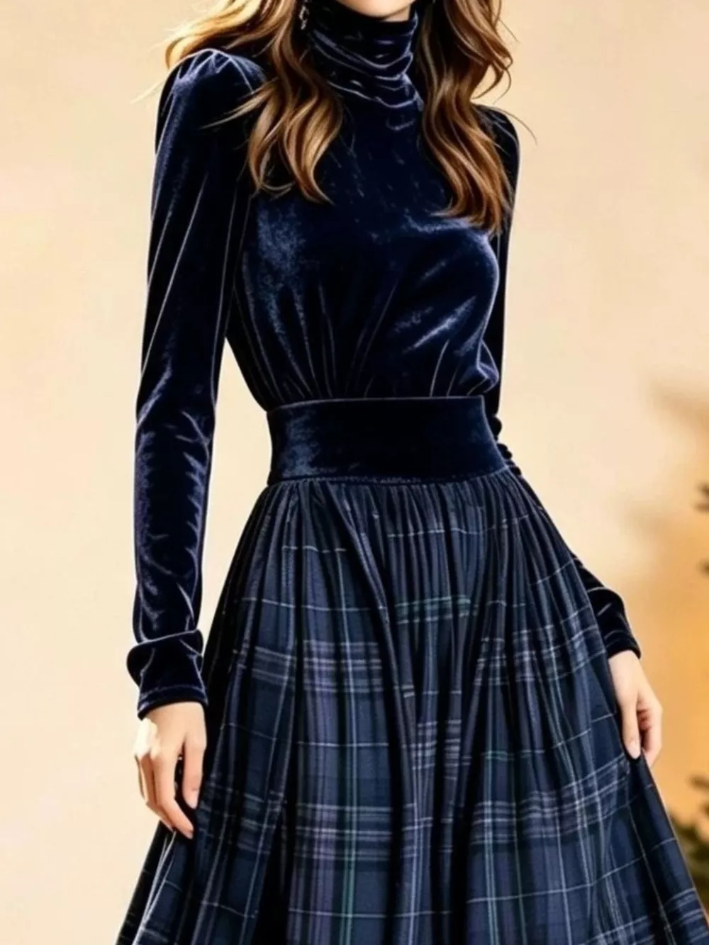 Velvet Turtleneck Top and Plaid Maxi Skirt Two-Piece Set, image 8
