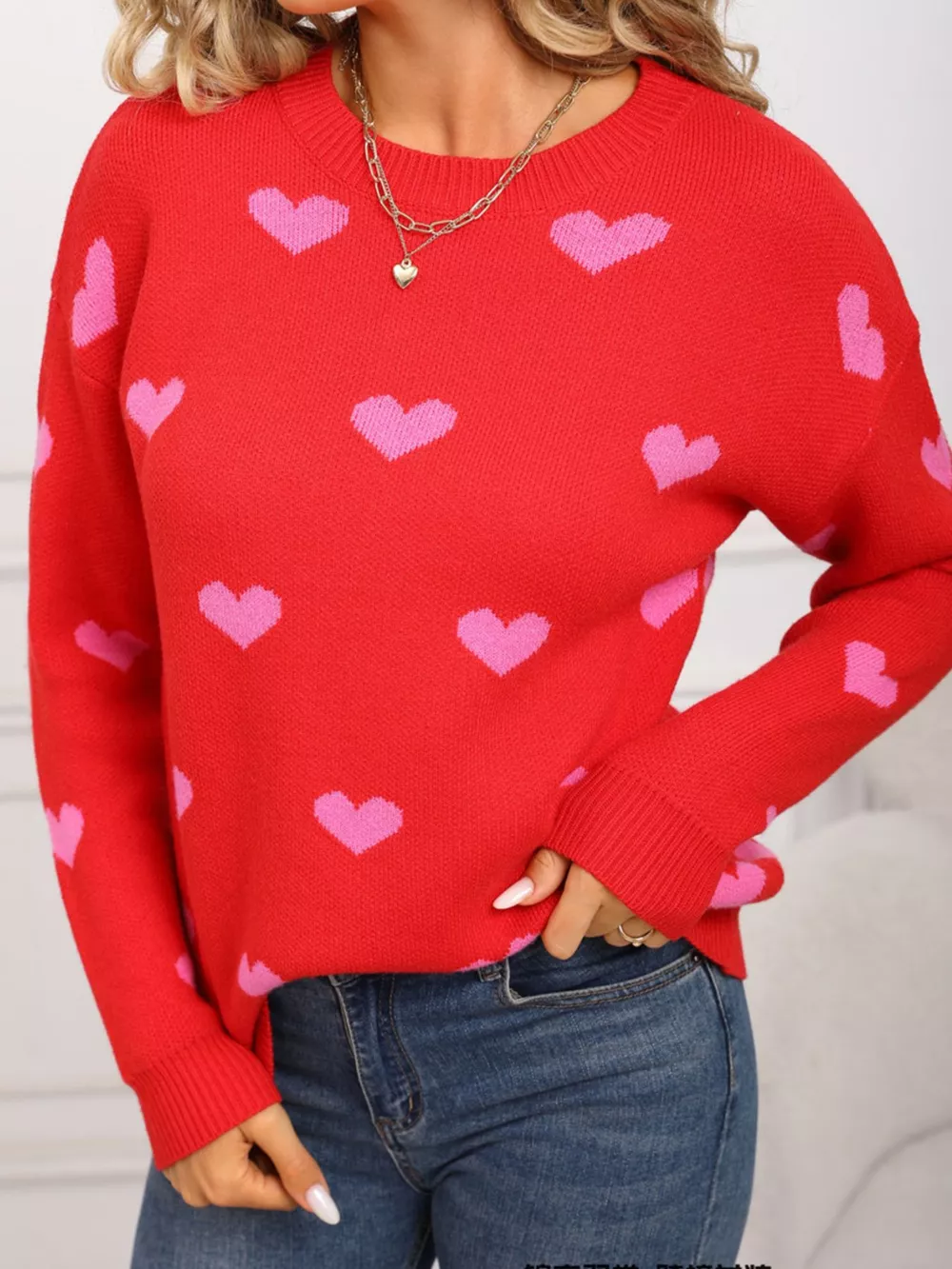 Valentine's Day Heart Pattern Dropped Shoulder Sweater, image 14