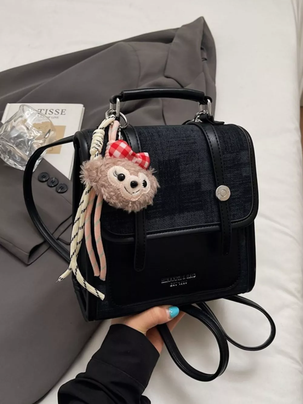 Flap Backpack Bag with Plush Charm, image 3