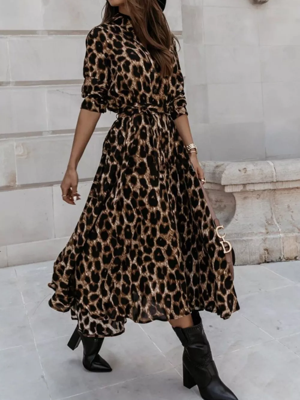 Leopard Print Button-Down Midi Dress with Belt, image 8