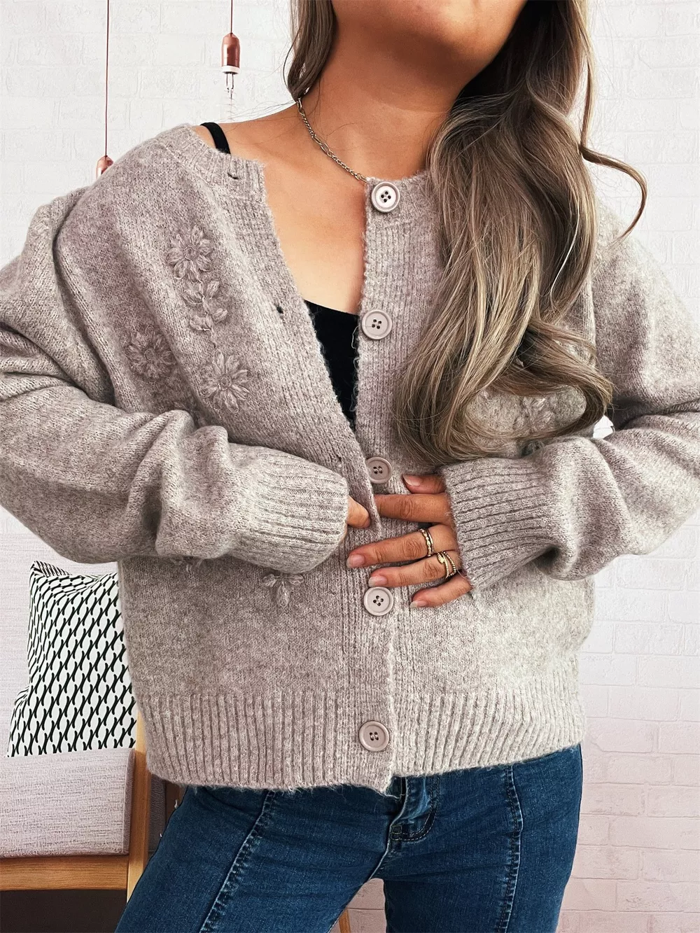 Flower Button Up Ribbed Hem Cardigan, image 7