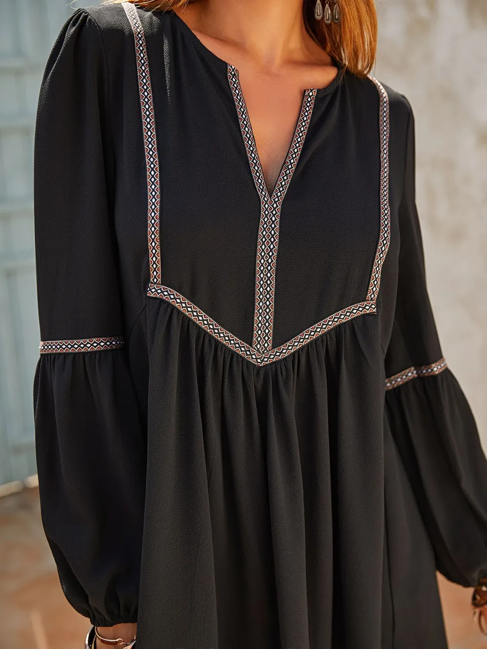 Ruched Notched Long Sleeve Mini Dress, image 4
