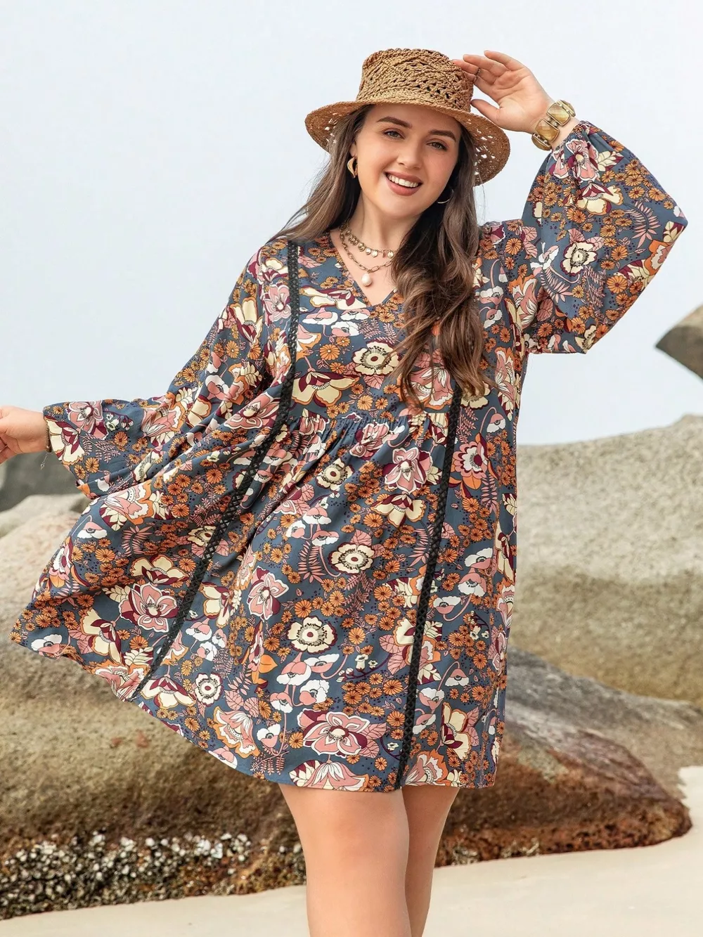 Plus Size Floral Print Long Sleeve Mini Dress, image 4