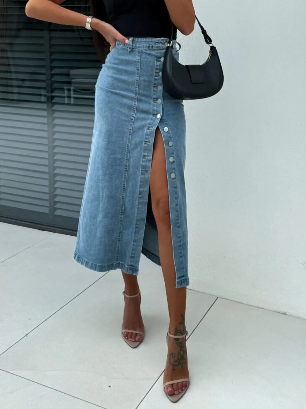 Front Button Slit Midi Denim Skirt, image 7