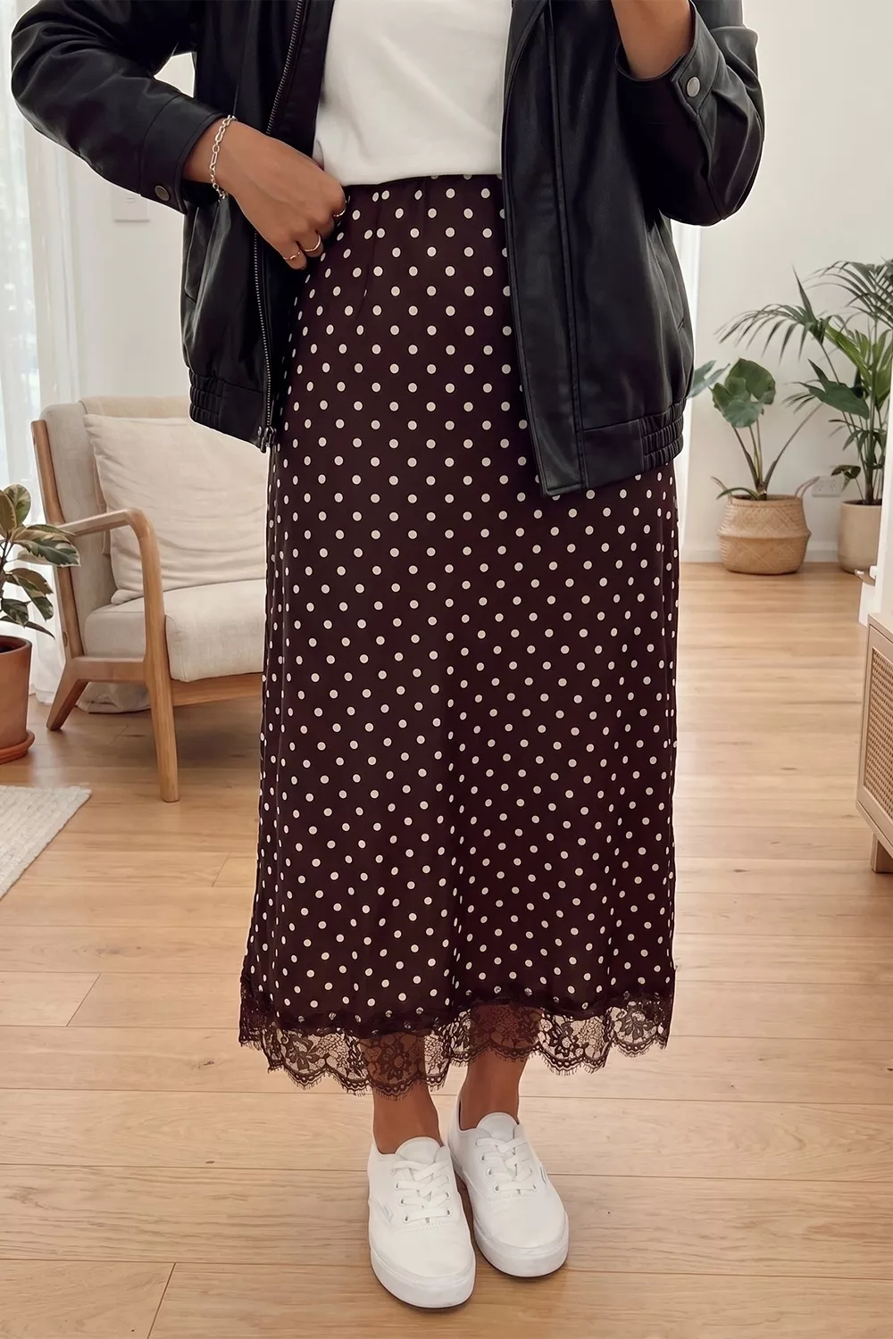 Polka Dot Lace Hem Elegant Long Shift Skirt