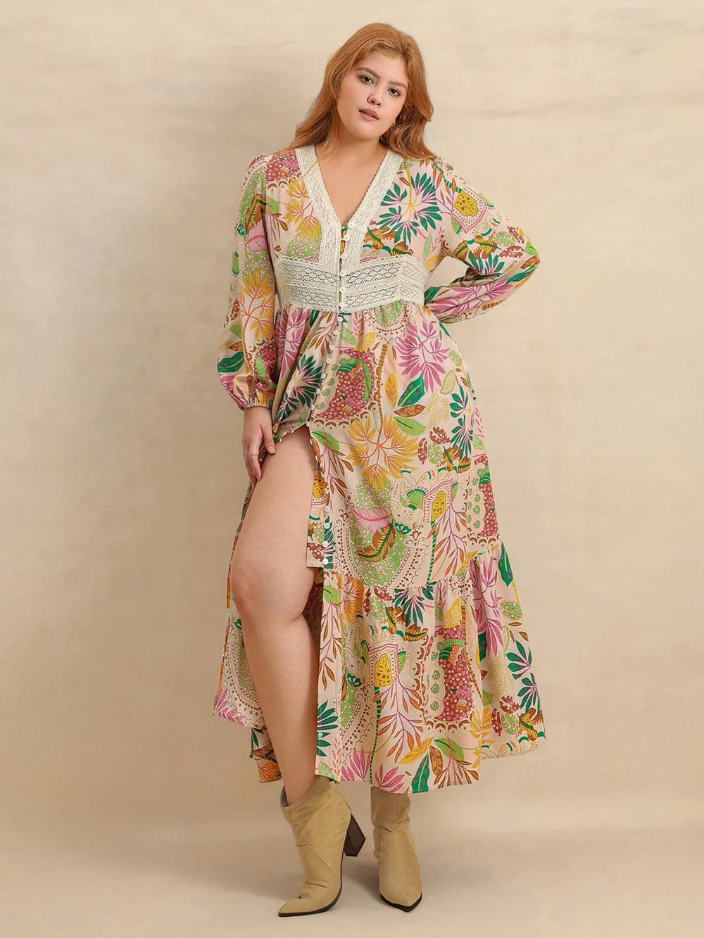 Plus Size Lace Detail Printed V-Neck Balloon Sleeve Dress, image 7