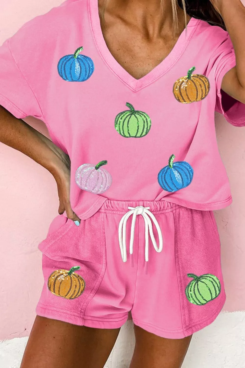Sequin Halloween Pumpkin Pattern V Neck Tee and Drawstring Bottoms Casual Set, image 4