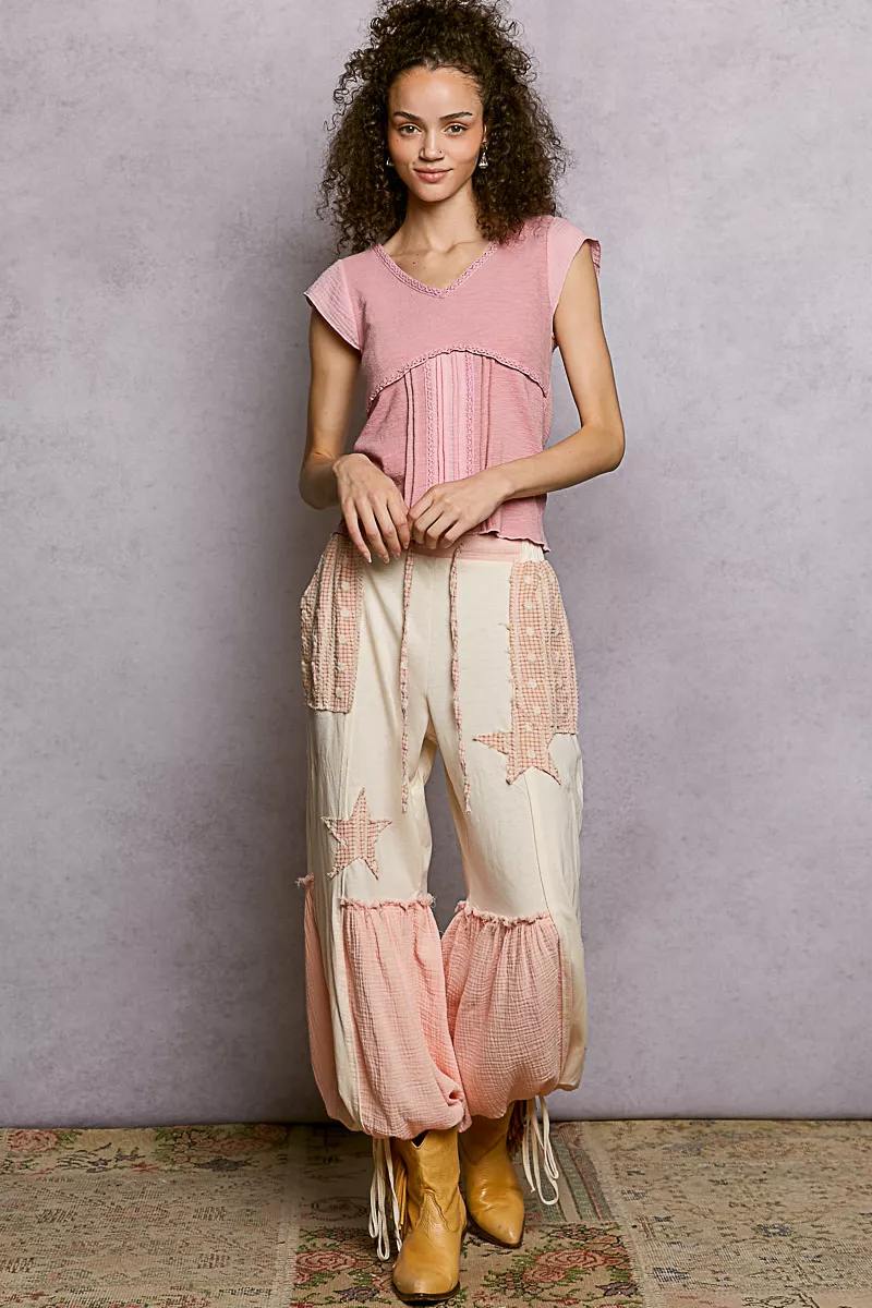 V-Neck Lightweight Textured Short Sleeve Knit Top with Lace Trim, image 5
