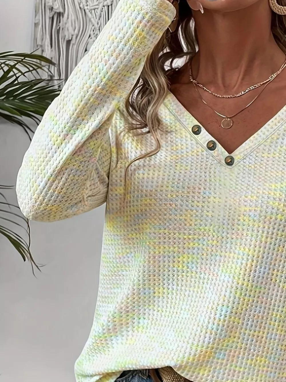 Decor Button V-Neck Long Sleeve Top, image 13