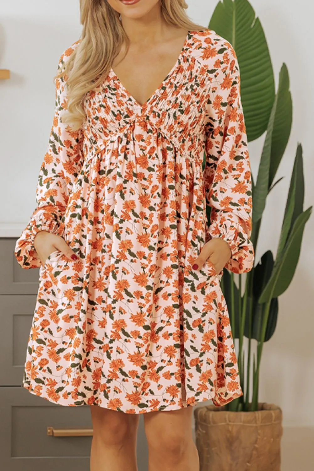 Smocked Printed V-Neck Long Sleeve Dress, image 10