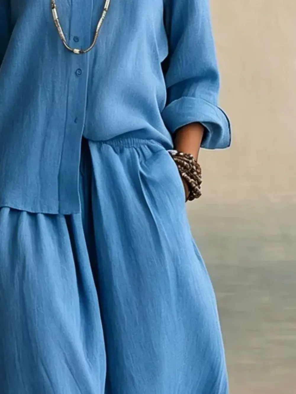 Full Size Button Up Shirt and Wide-Leg Pants Set Plus Size, image 2