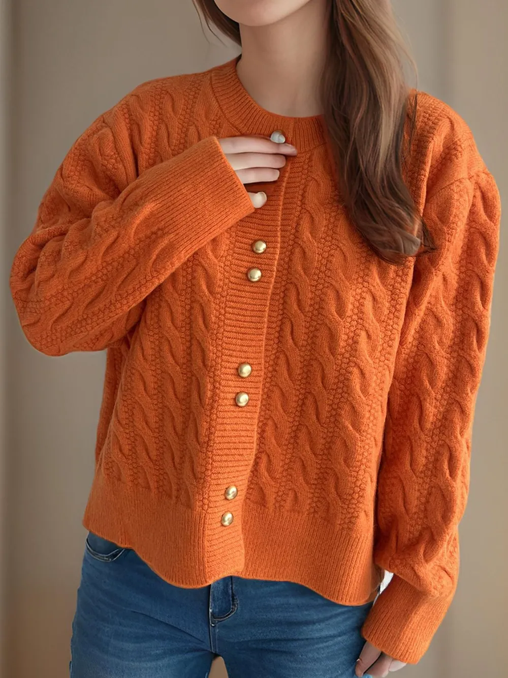 Cable-Knit Round Neck Long Sleeve Cardigan, image 22
