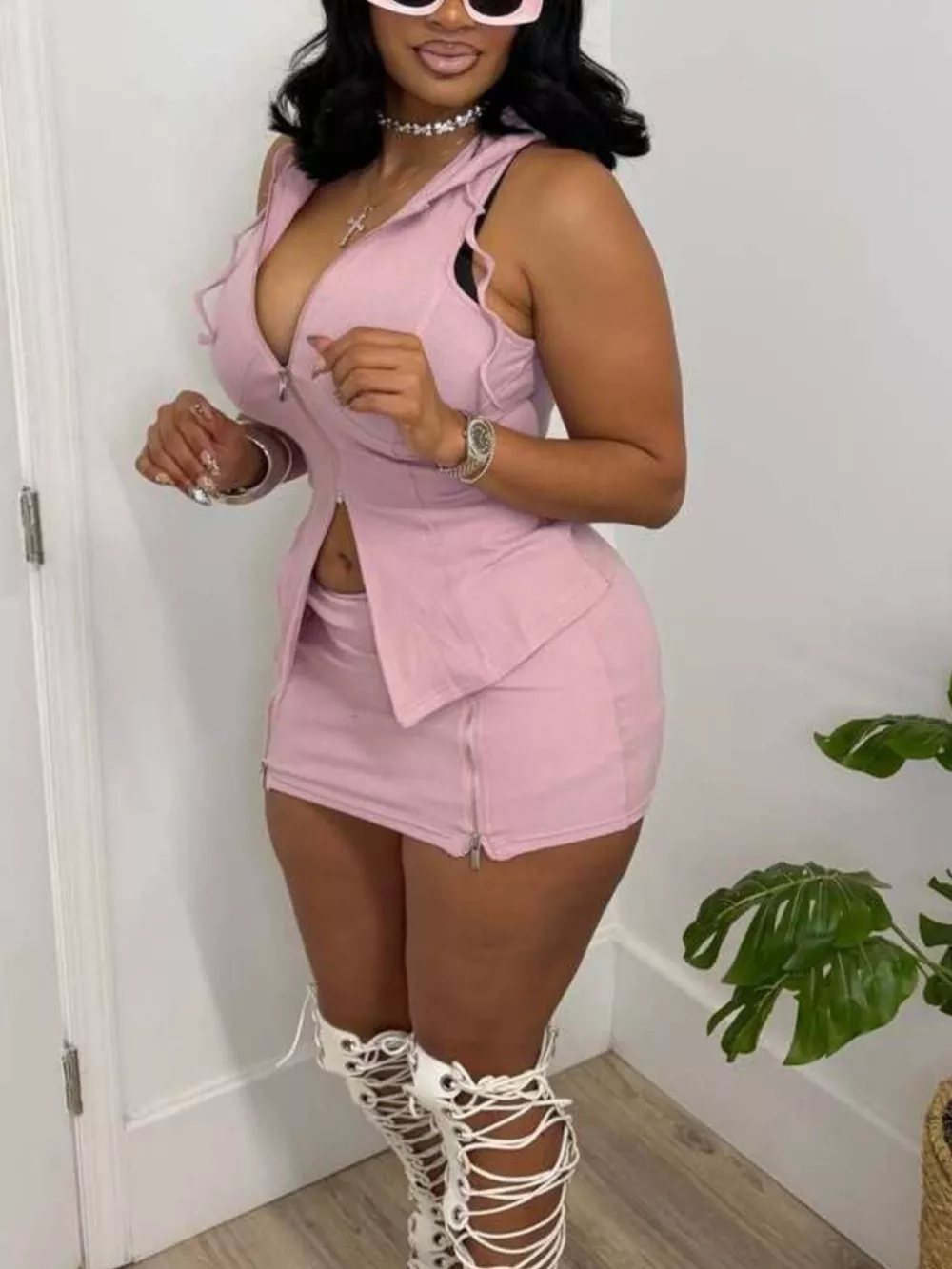Hooded Zippered Sleeveless Top and Skirt Set, image 2