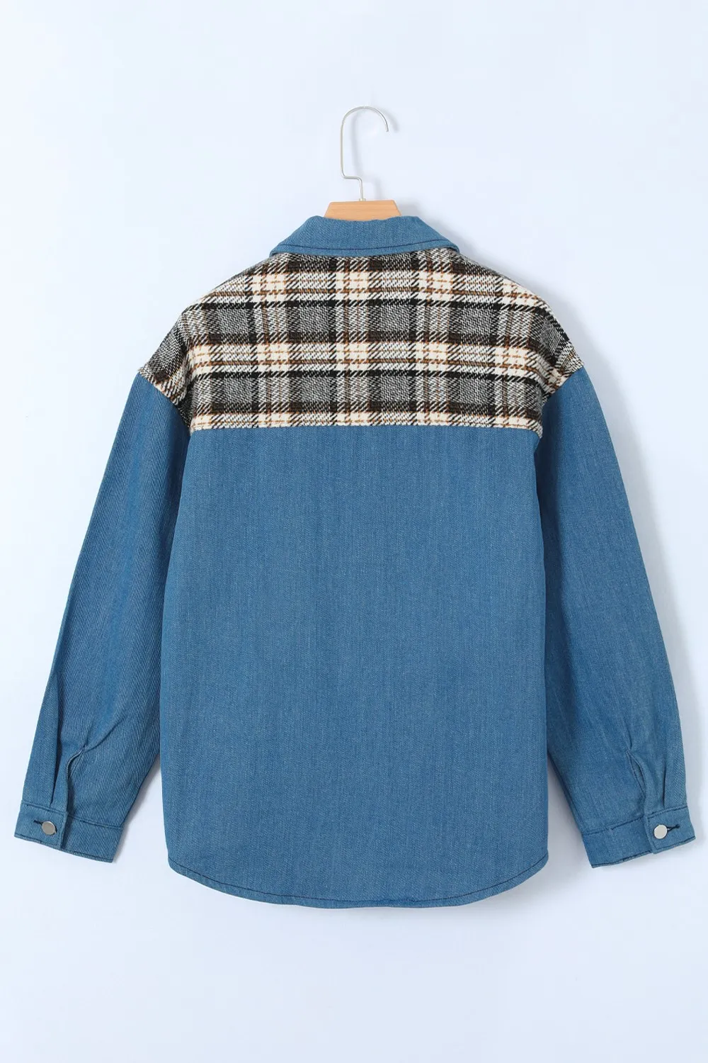 Plaid Pocketed Button Up Denim Jacket, image 12
