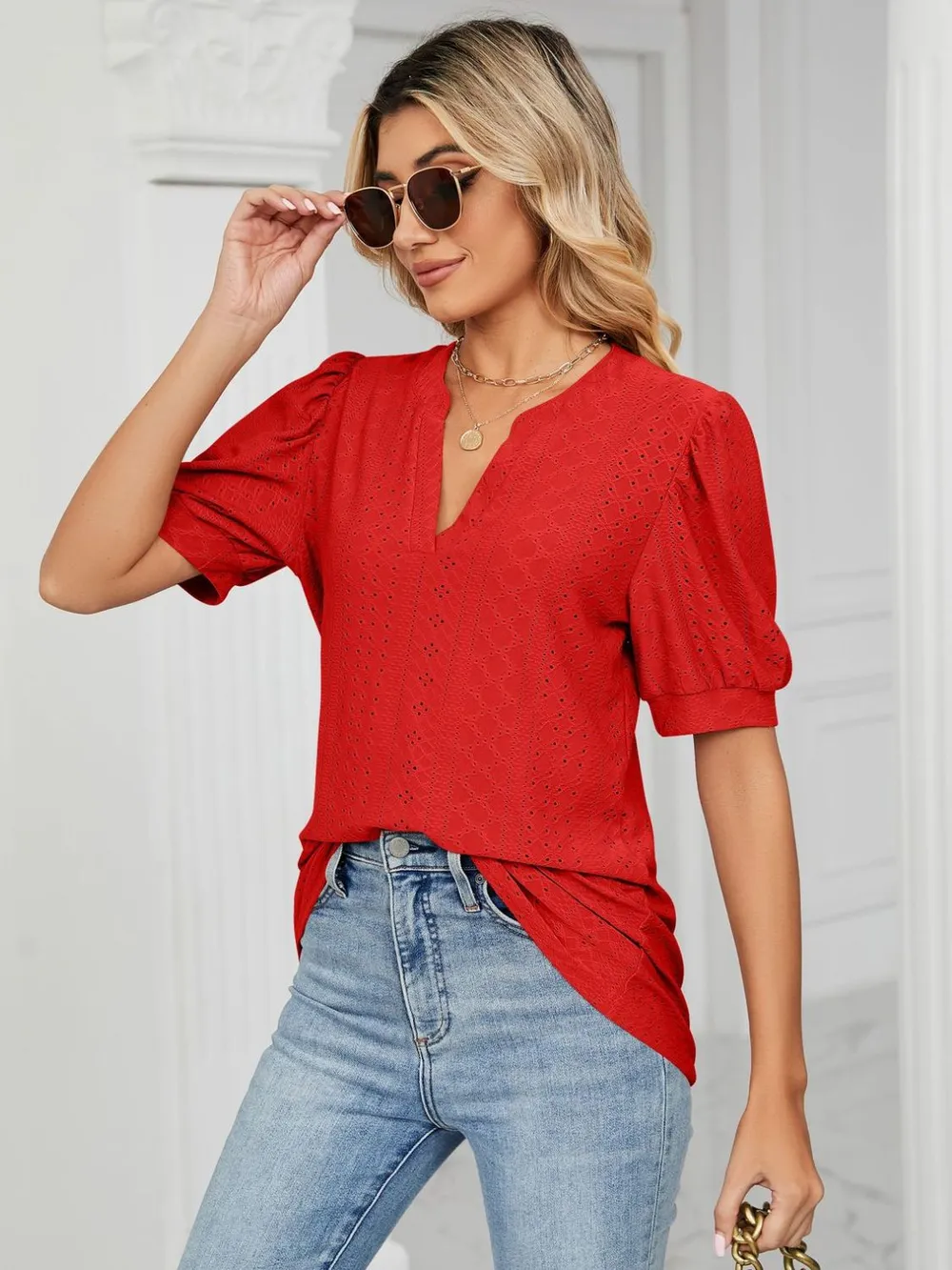 Eyelet Notched Short Sleeve T-Shirt, image 31