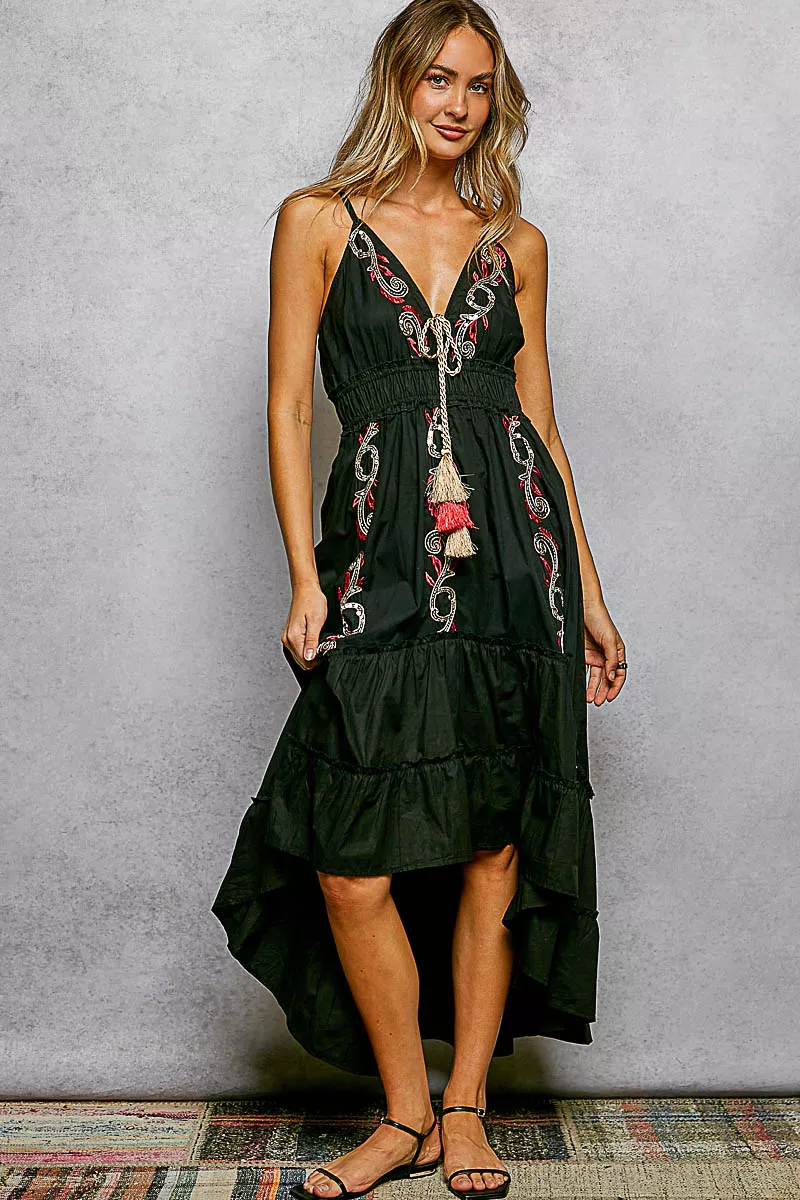 Embroidered Detail Tassel Tie Smocked Waist Midi Tiered Cami Dress, image 3