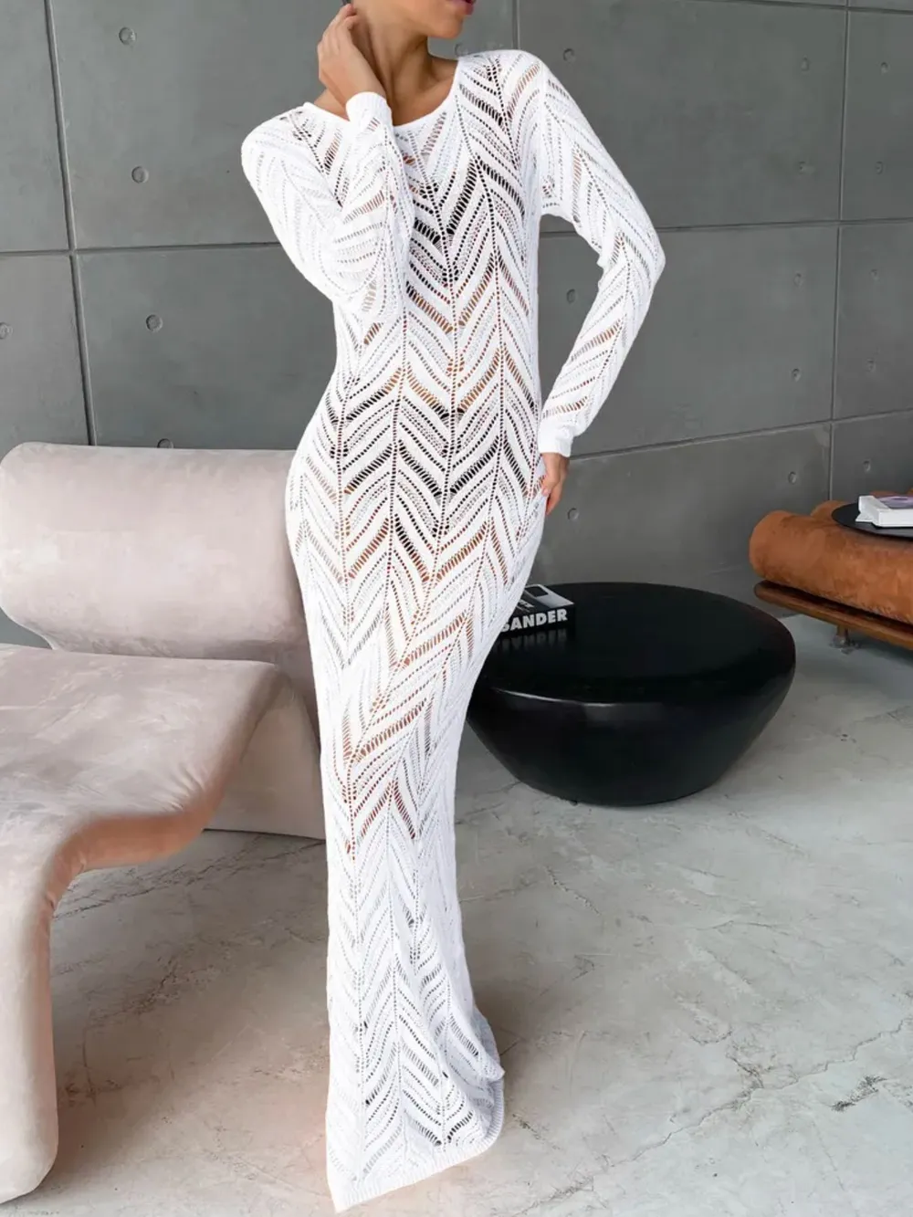 Openwork Long Sleeve Knit Cover Up Dress, image 14