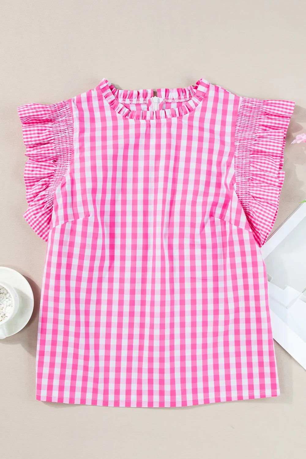 Ruffled Plaid Mock Neck Cap Sleeve Blouse, image 7