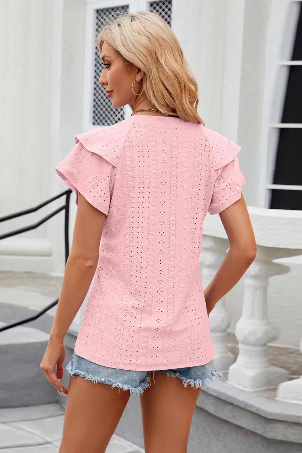 Eyelet Notched Short Sleeve T-Shirt, image 28