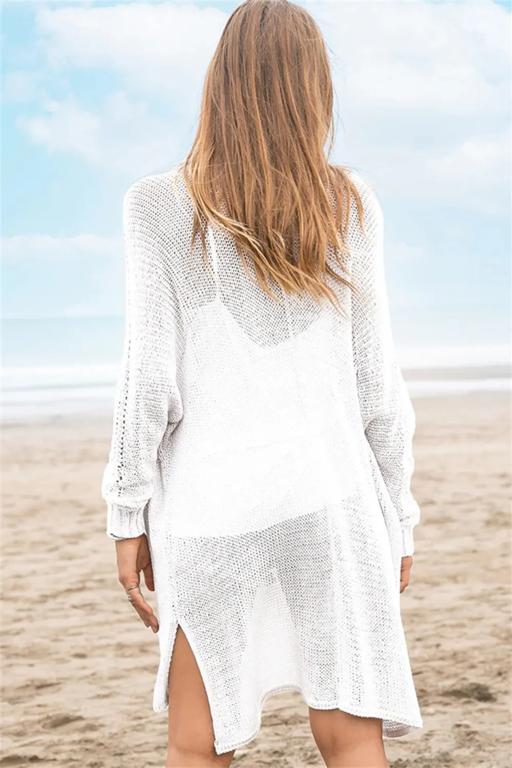 Openwork Side Slit Open Front Long Sleeve Cardigan, image 20