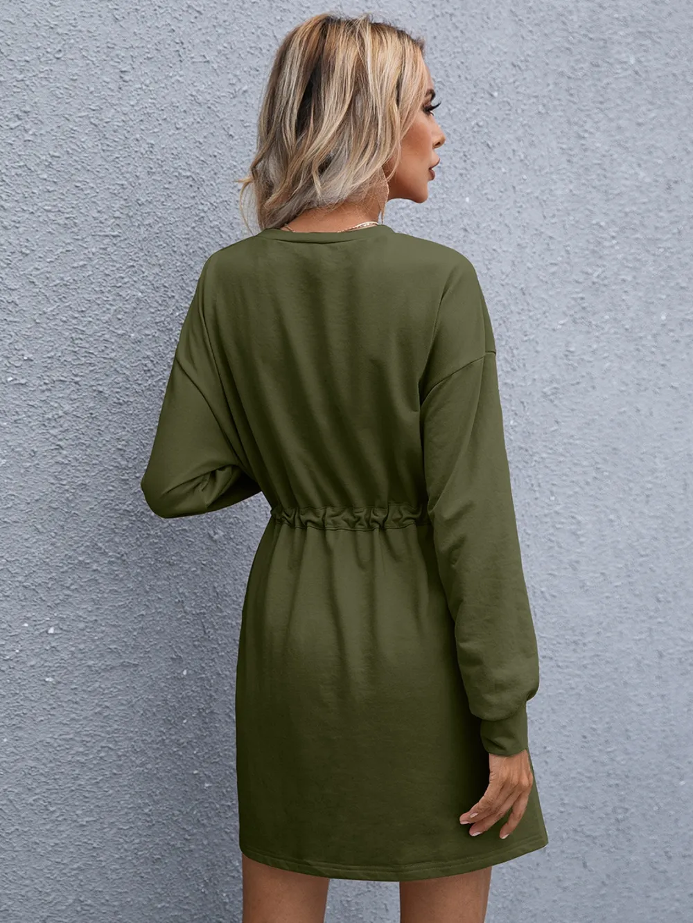 Drawstring Round Neck Dropped Shoulder Mini Dress, image 12