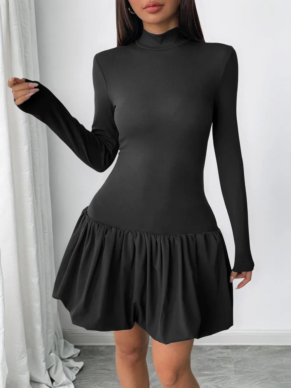 Mock Neck Long Sleeve Bubble Hem Dress, image 7