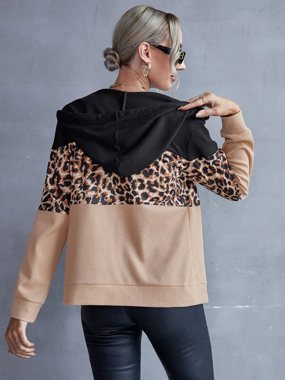 Drawstring Leopard Zip Up Hooded Jacket, image 5