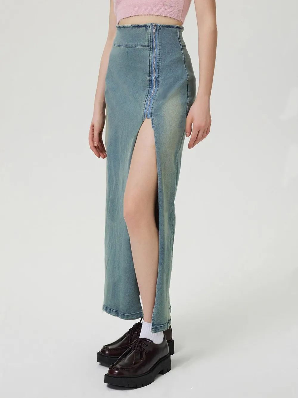 Slit Denim Skirt with Zip, image 4