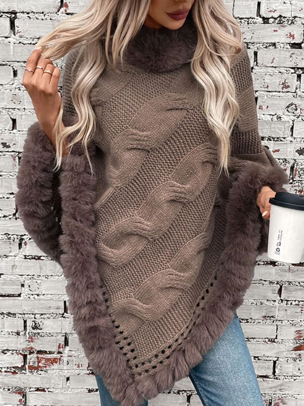 Fuzzy Hem Cable-Knit Poncho, image 2
