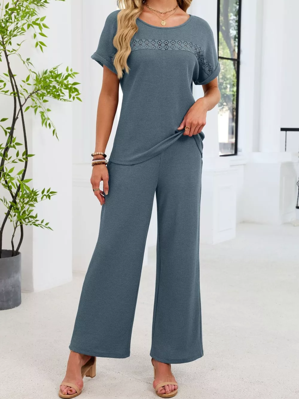 Lace Detail Short Sleeve Top and Pants Set, image 16