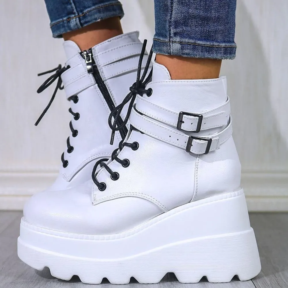PU Leather Lace-Up Wedge Boots, image 3
