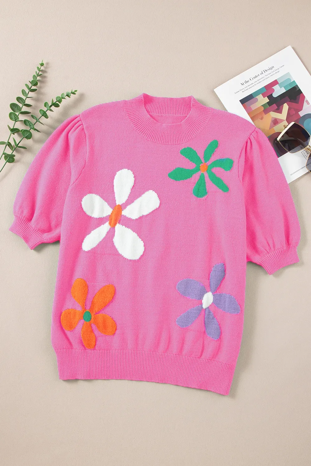 Flower Mock Neck Short Sleeve Sweater, image 4