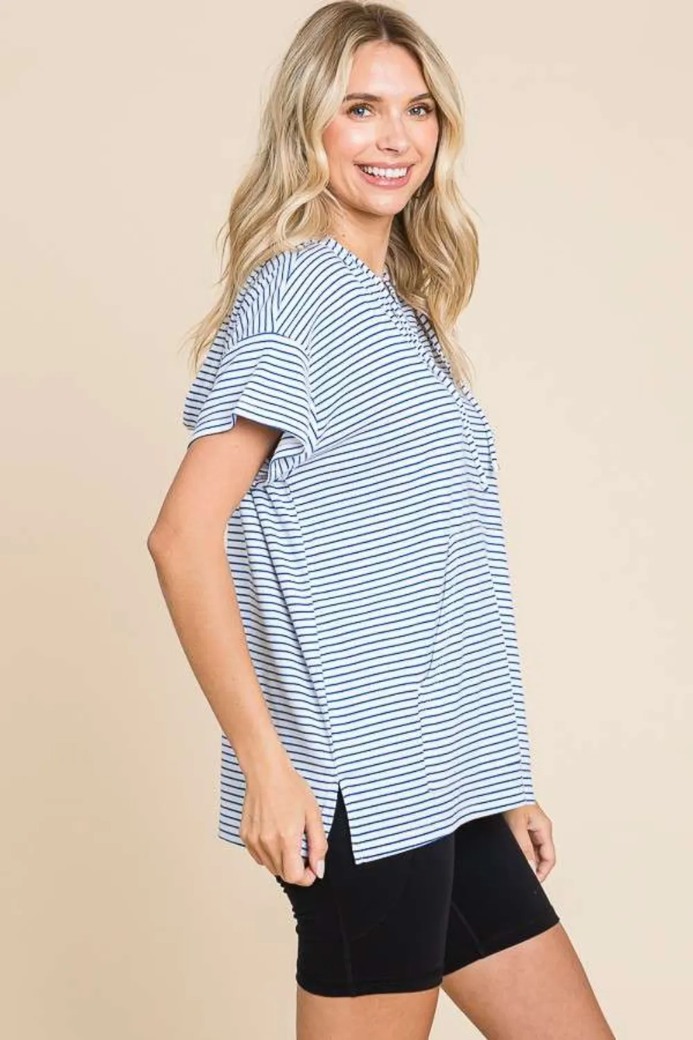 Full Size Striped Short Sleeve Hooded Top, image 3