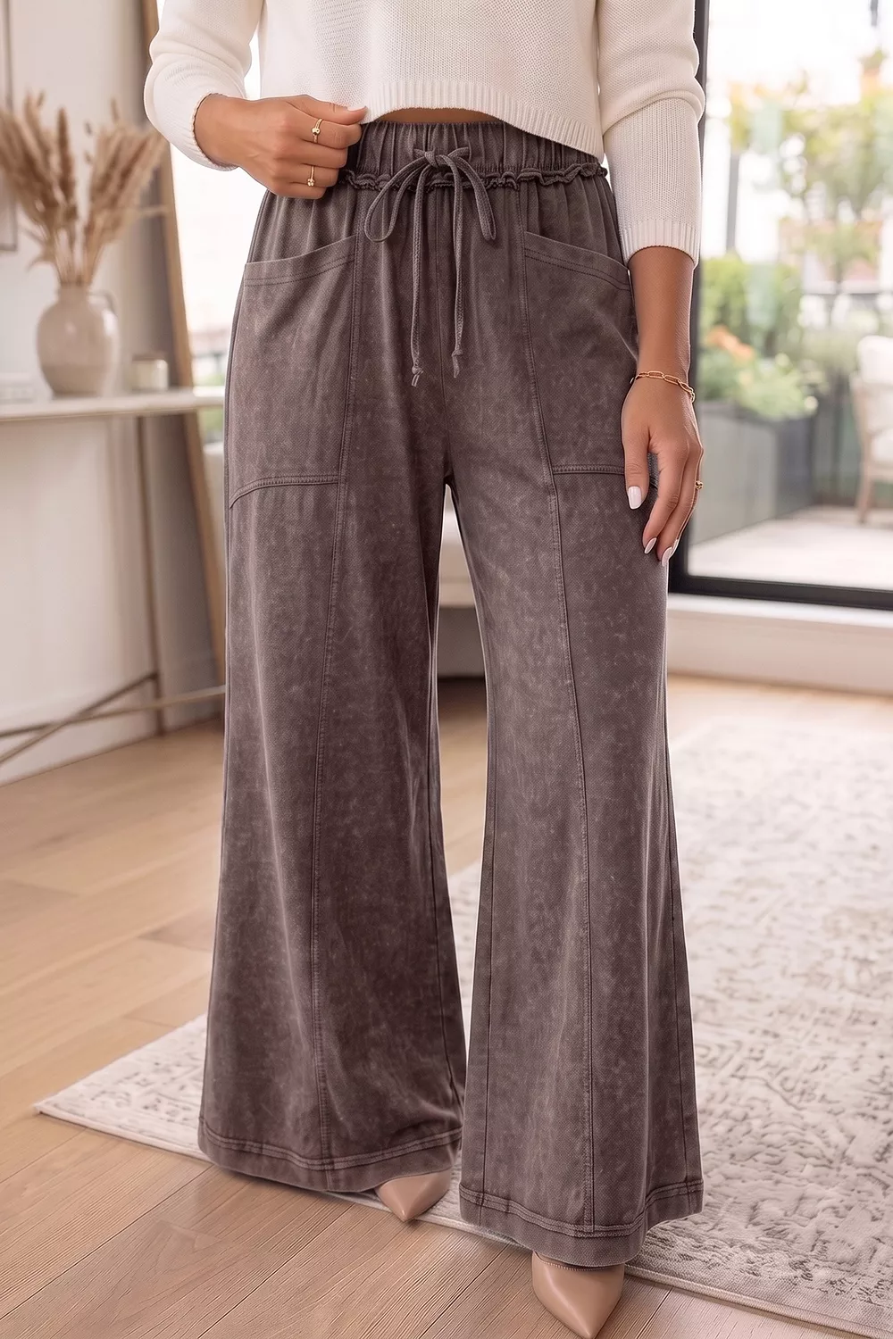 Washed Wide-Leg Drawstring Pants, image 2