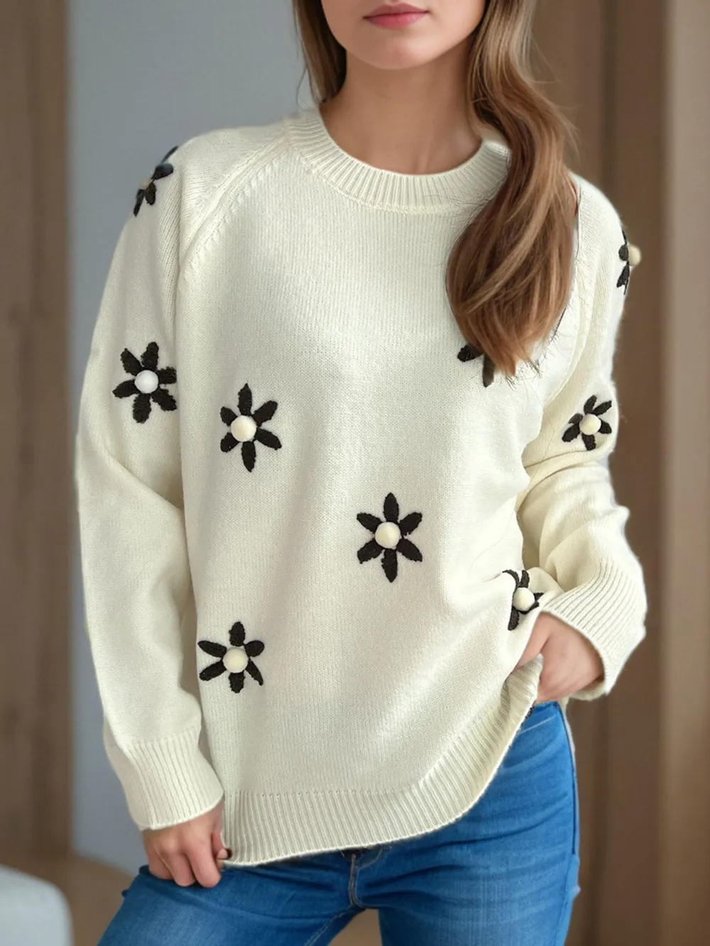 Flower Round Neck Raglan Sleeve Sweater, image 3