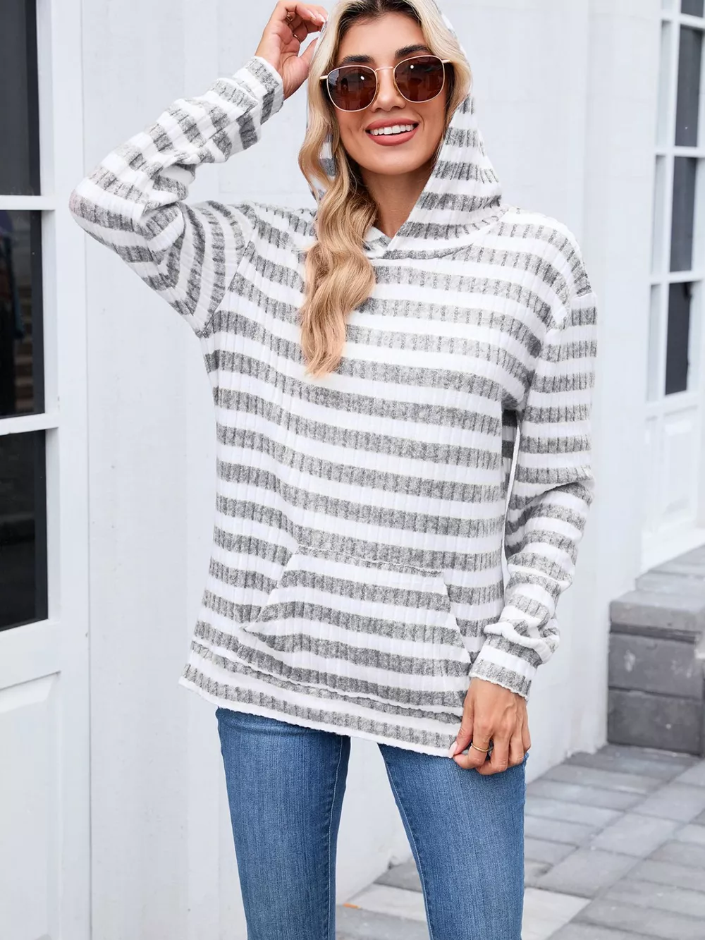 Striped Dropped Shoulder Hoodie, image 9