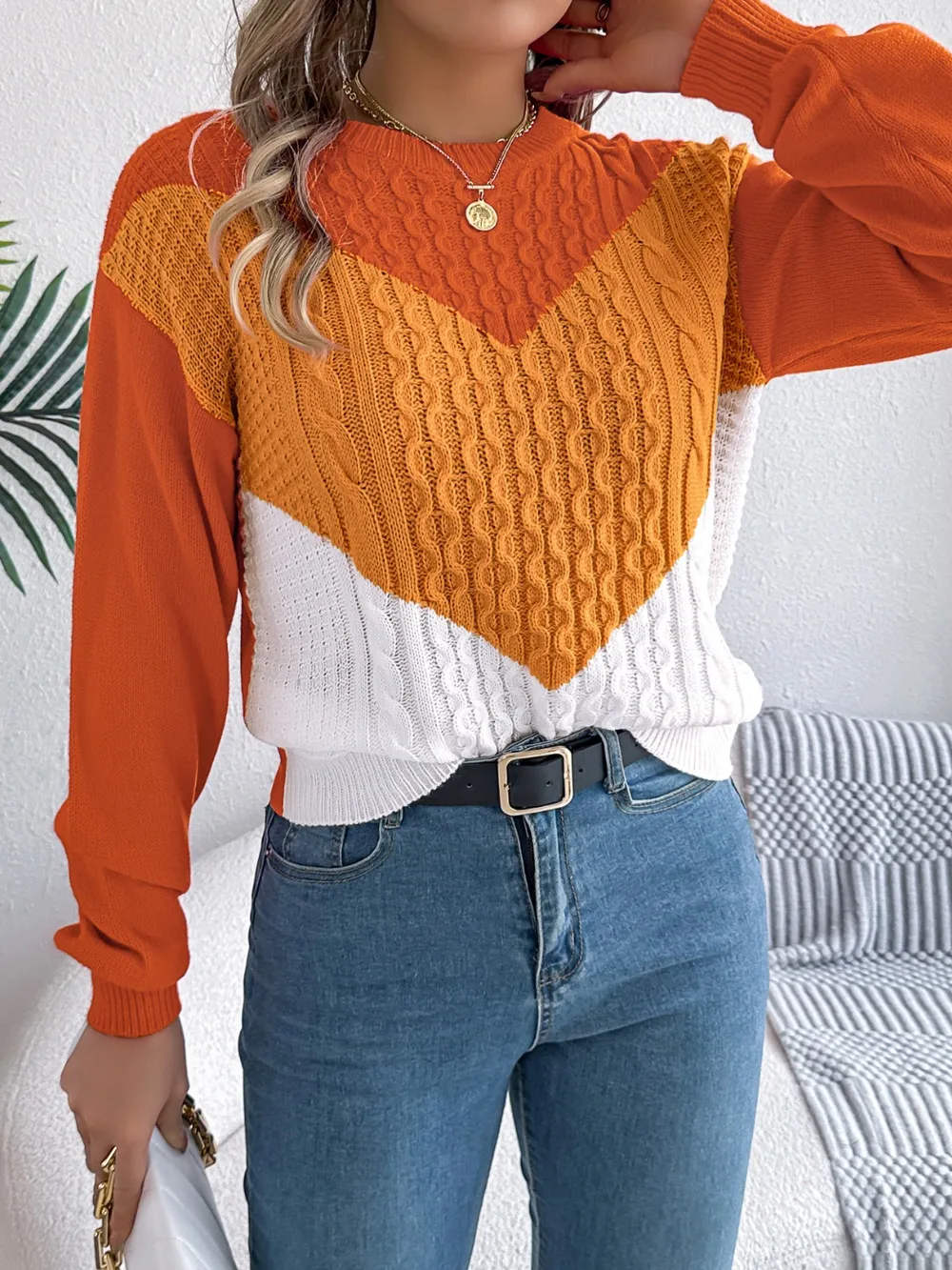 Contrast Round Neck Long Sleeve Sweater, image 11
