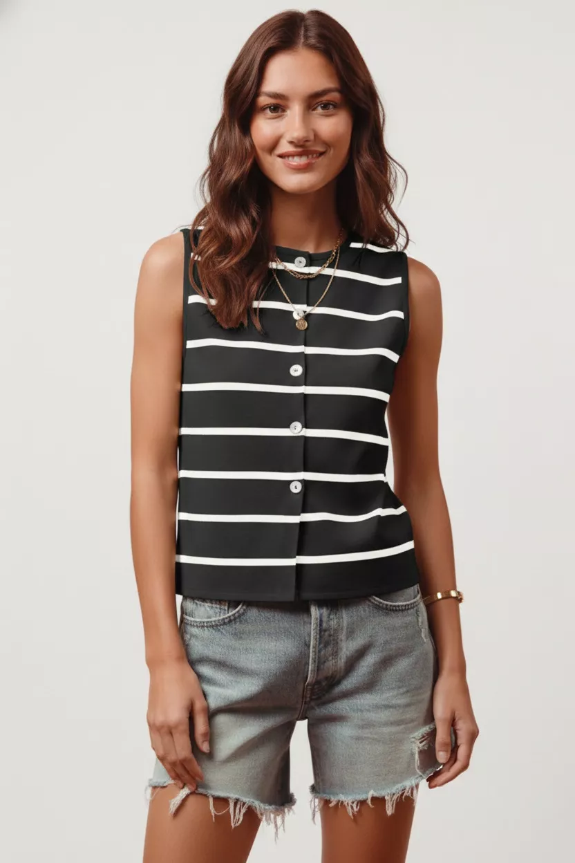 Button Front Stripe Fine Sweater Sleeveless Top, image 3