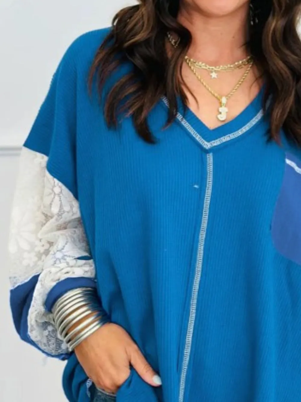 Lace Patchwork Sleeve Stitching V Neck Top, image 8