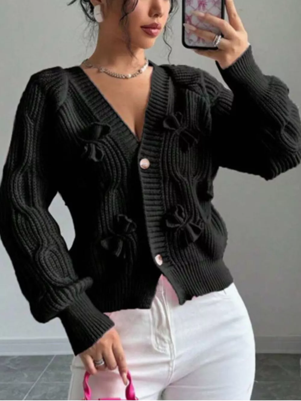 Bow Cable Knit V-Neck Cardigan, image 5