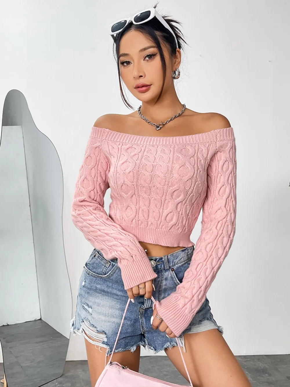 Cable-Knit Off-Shoulder Long Sleeve Knit Top, image 4