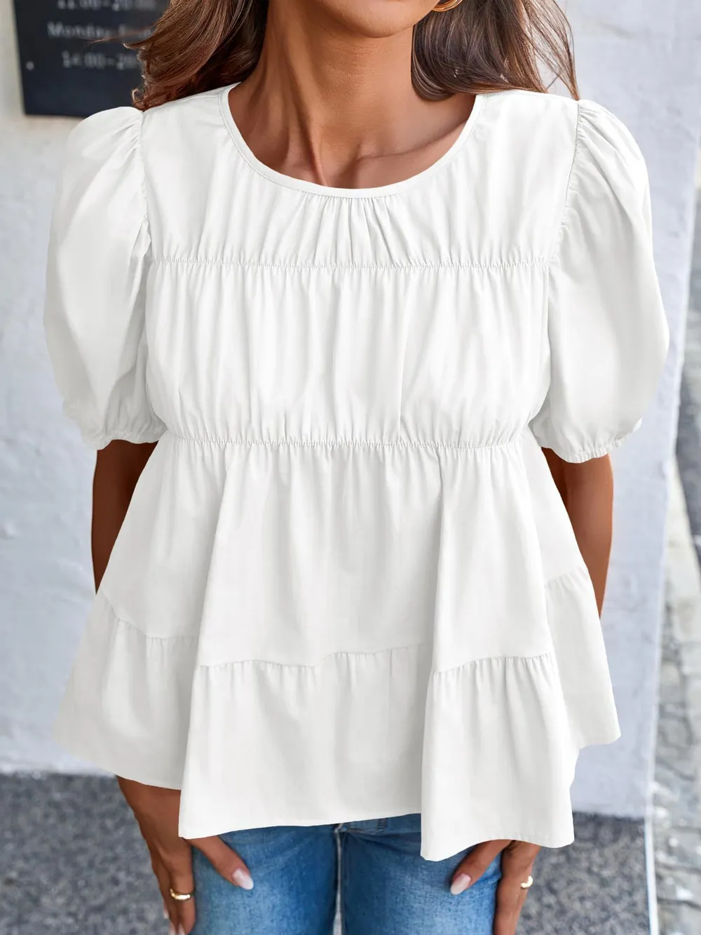 Round Neck Puff Sleeve Tiered Blouse, image 10