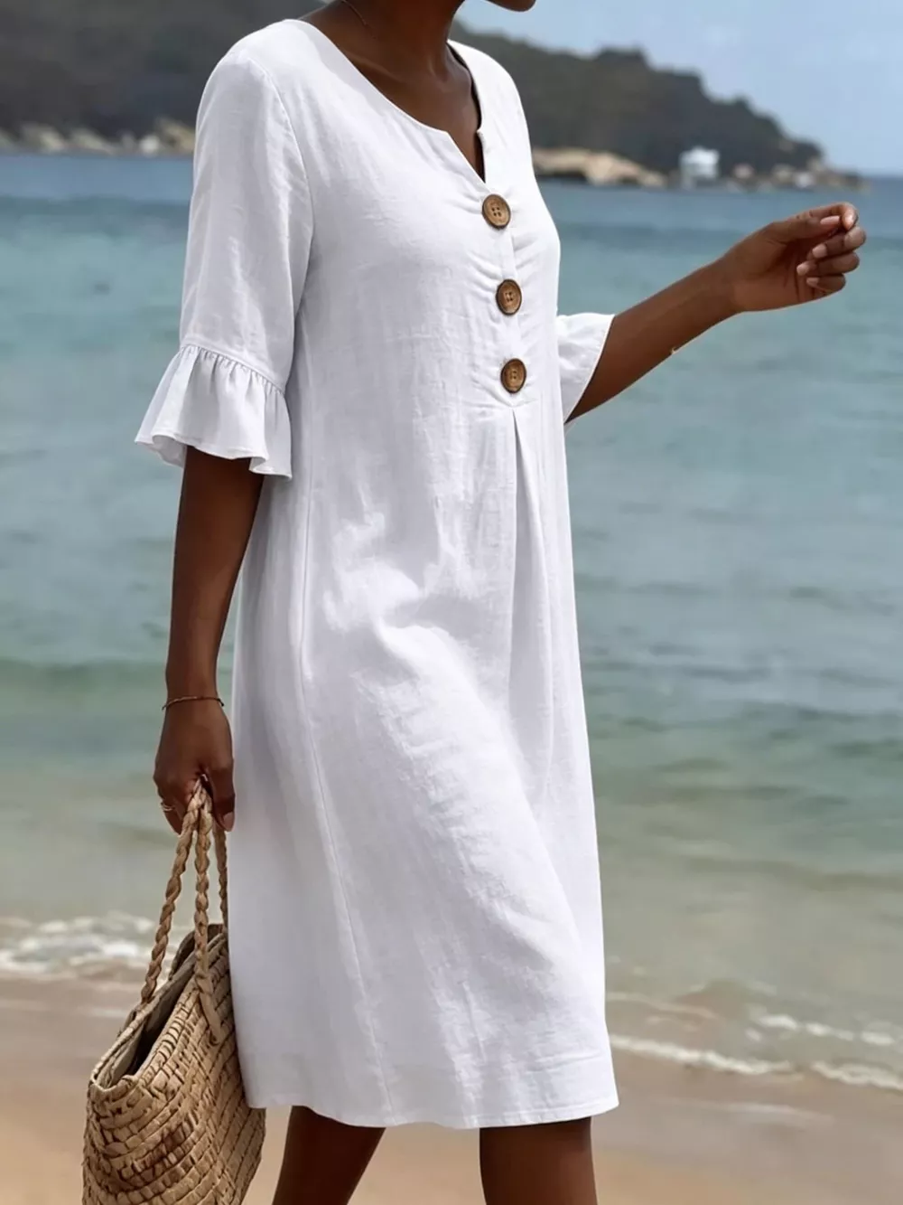 Full Size Button Decor Flounce Sleeve Dress Plus Size, image 4